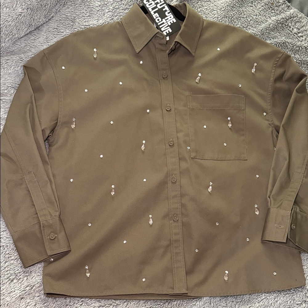 Women's Holiday Embellished Twill Shacket - Future Collective